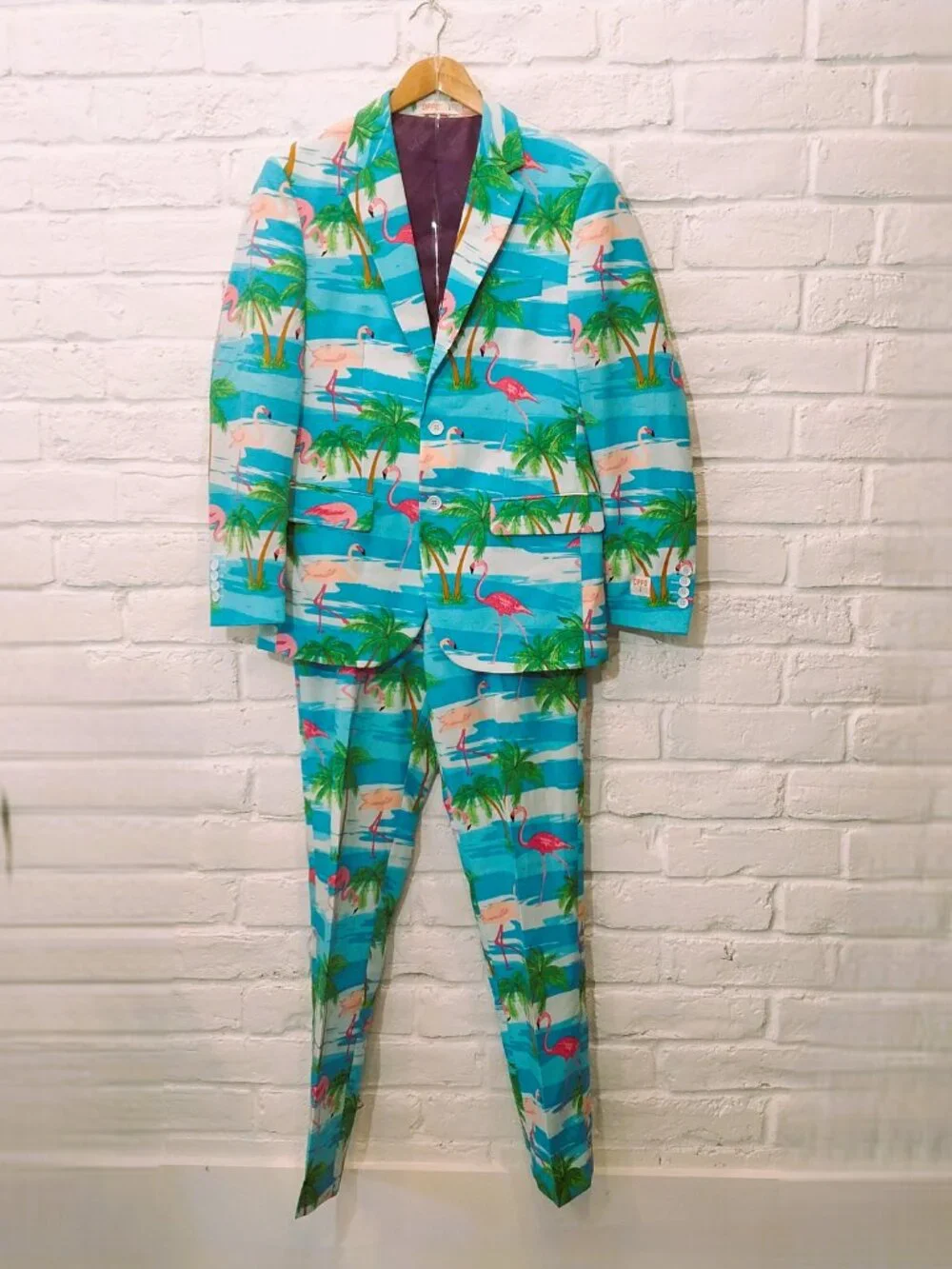 OppoSuits Mens 38 Jacket Pants Suit Tropical Flamingo Beach Party Blue Pink NEW.